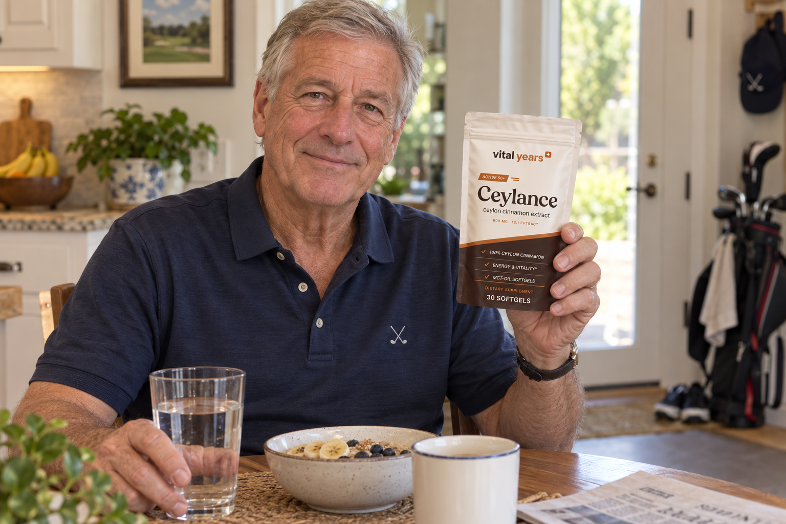 An older man with Ceylance at breakfast