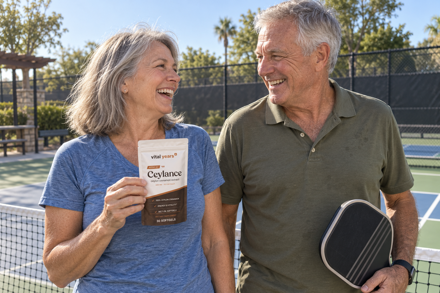Two older adults enjoying time together by a pickleball court
