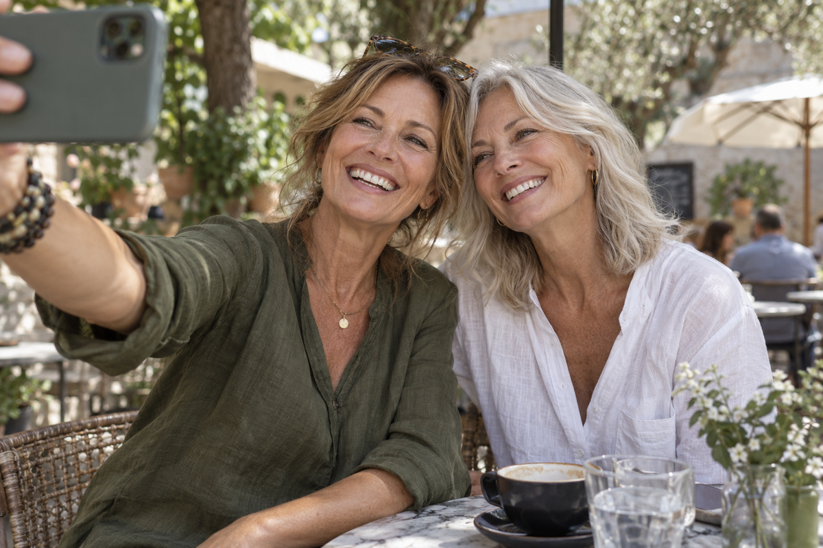 Two friends enjoying a spontaneous selfie at a café