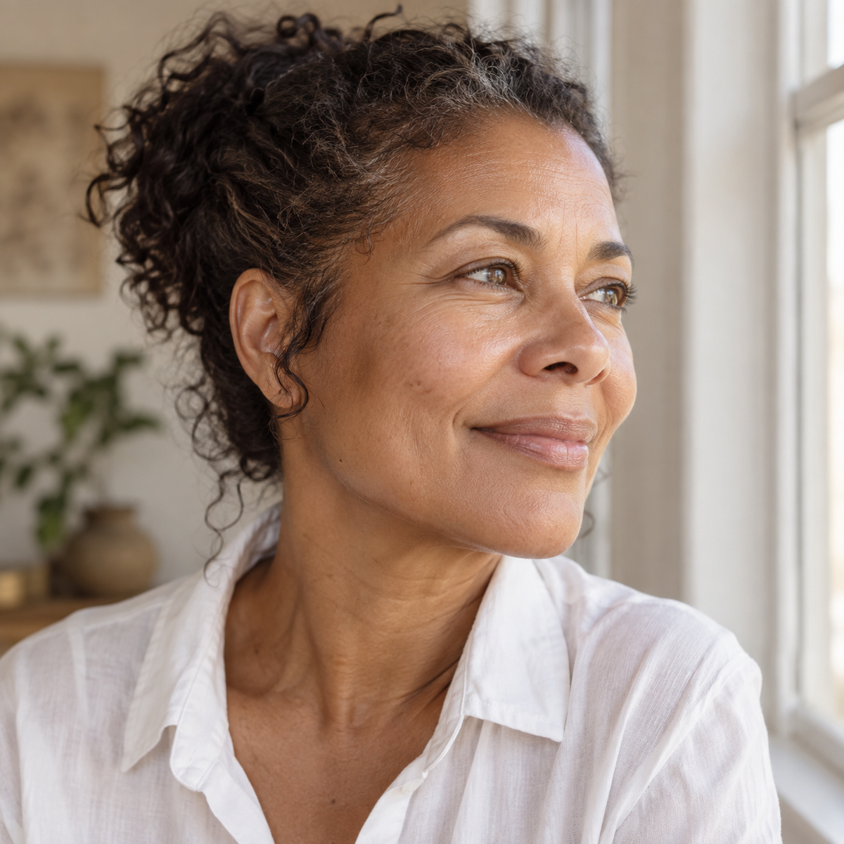 Woman with a naturally luminous complexion by a window