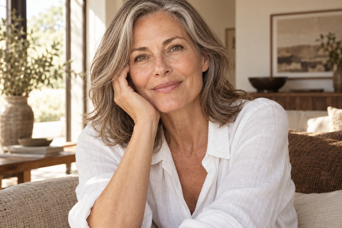 Woman with naturally textured mature skin smiling at home