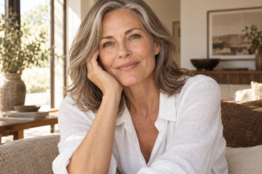 Woman with naturally textured mature skin smiling at home