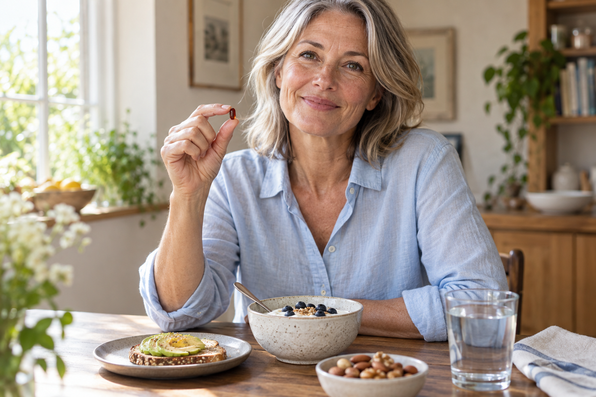 Woman holding a small softgel beside breakfast and water