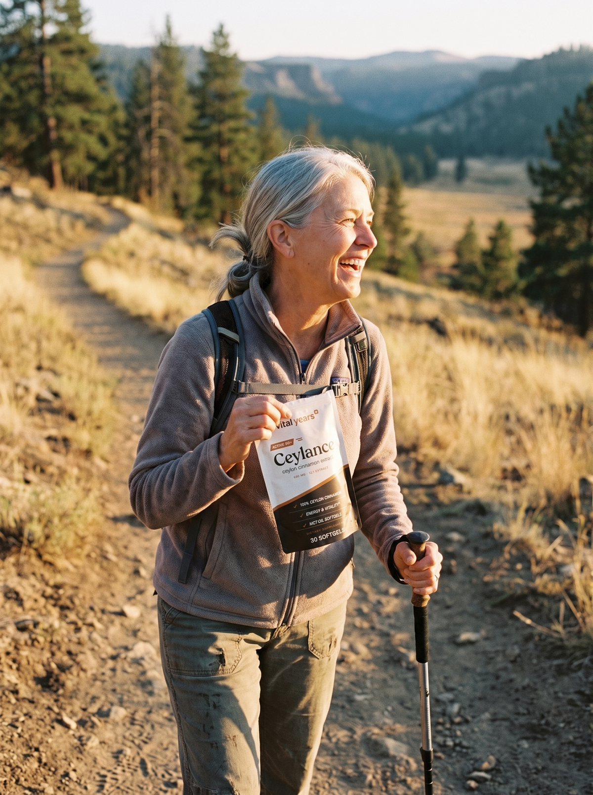 A woman in her sixties resting on a hiking trail in the afternoon sun