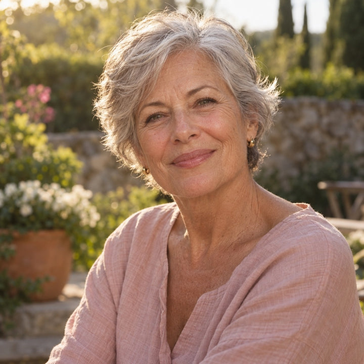 Woman around sixty smiling confidently in a sunny garden