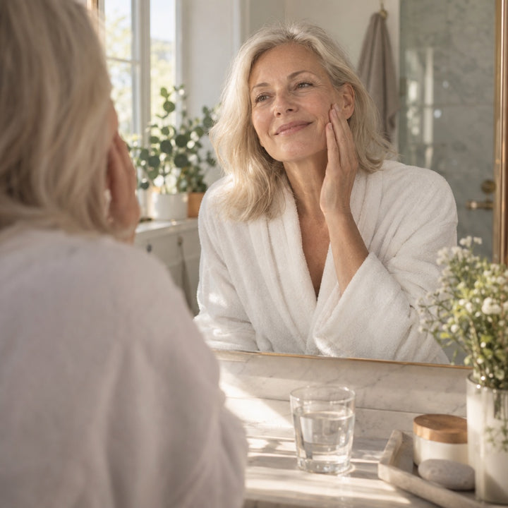 Woman in her sixties touching her cheek in soft morning light