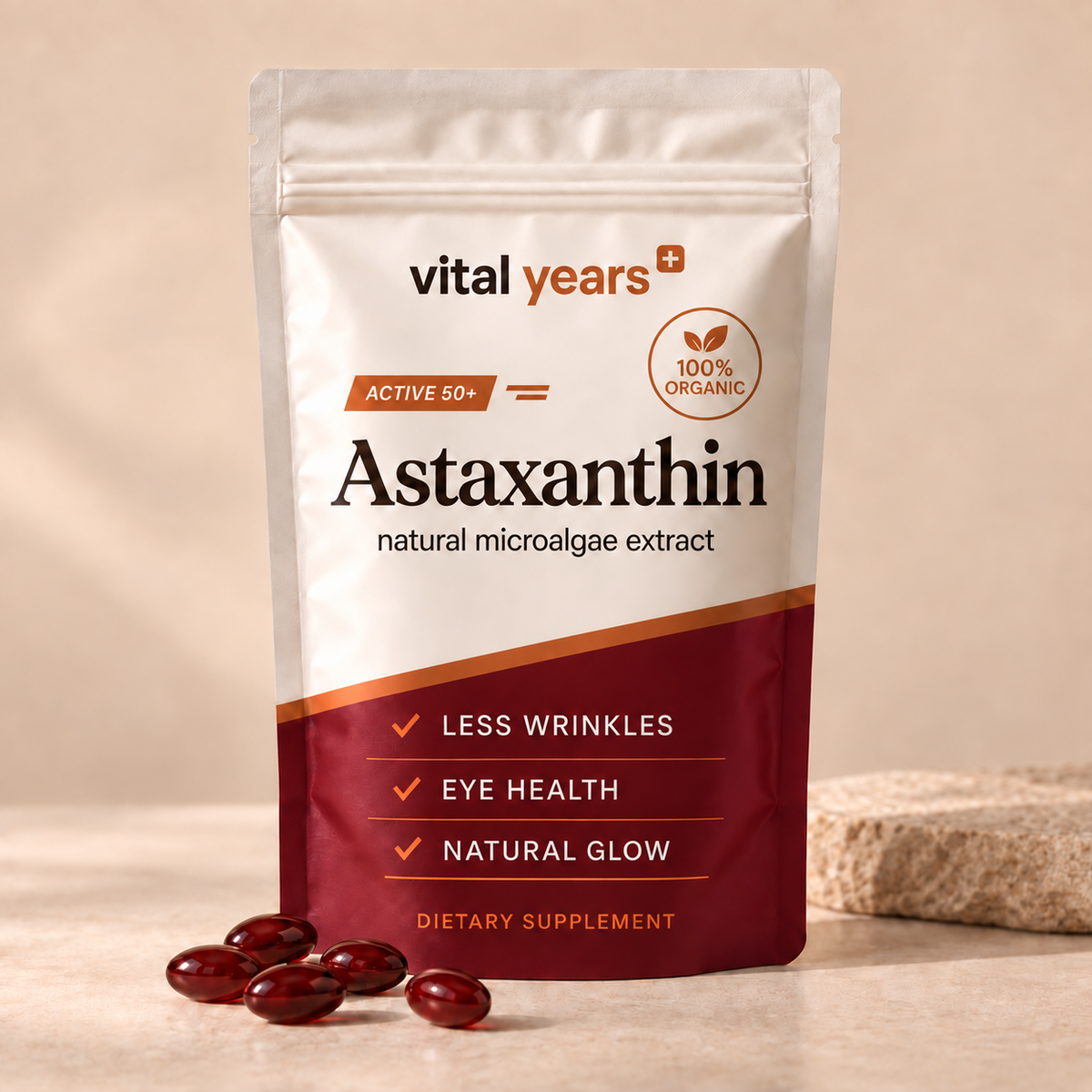 Vital Years+ Astaxanthin pouch and red softgels