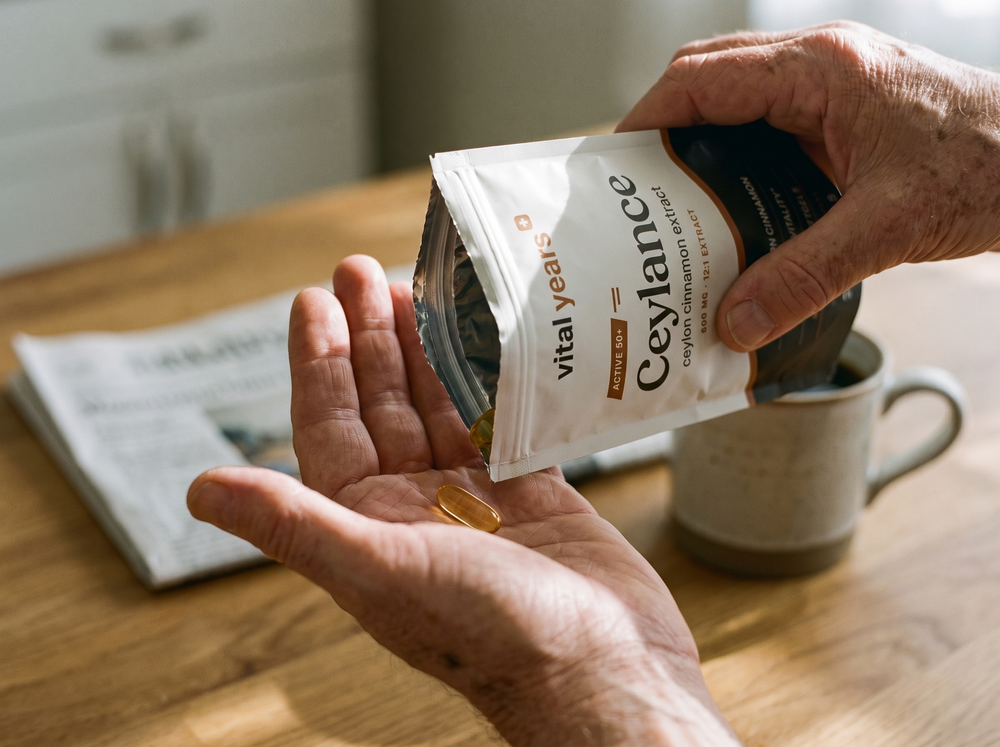 Tipping one Ceylance softgel into a hand