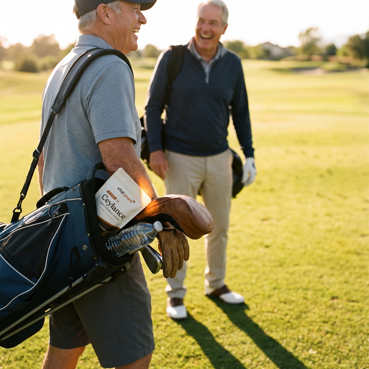 Two golfers walking off the green, Ceylance pouch in the bag pocket