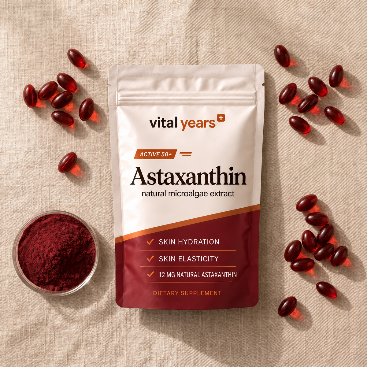 Vital Years+ Astaxanthin pouch with ruby-red softgels and microalgae powder