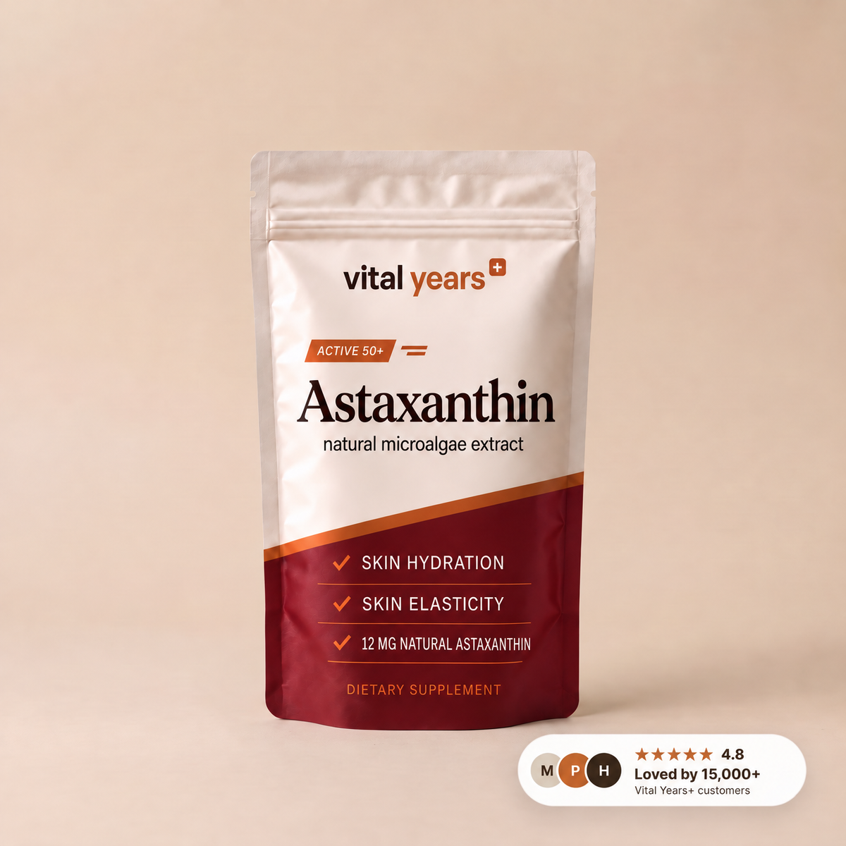 Vital Years+ Astaxanthin pouch, natural microalgae extract, skin hydration and skin elasticity, 12 mg