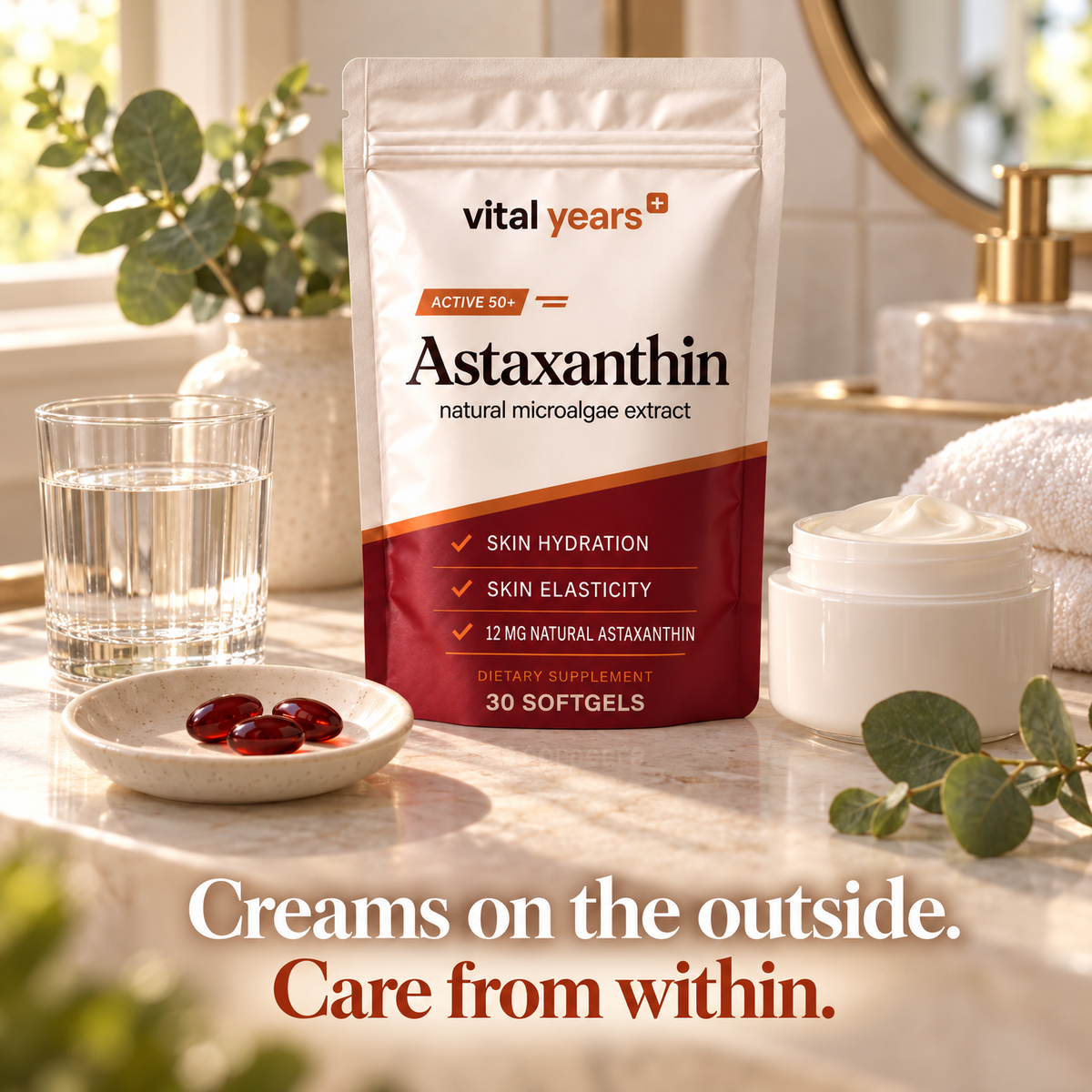 Astaxanthin pouch next to a face cream and water on a bathroom shelf: creams on the outside, care from within