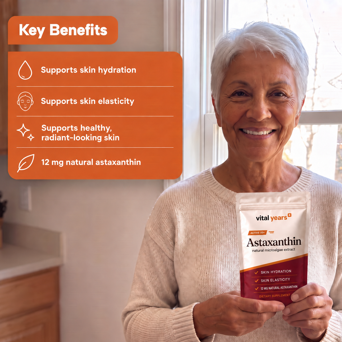 Astaxanthin key benefits: skin hydration, elasticity, radiant-looking skin, 12 mg natural astaxanthin