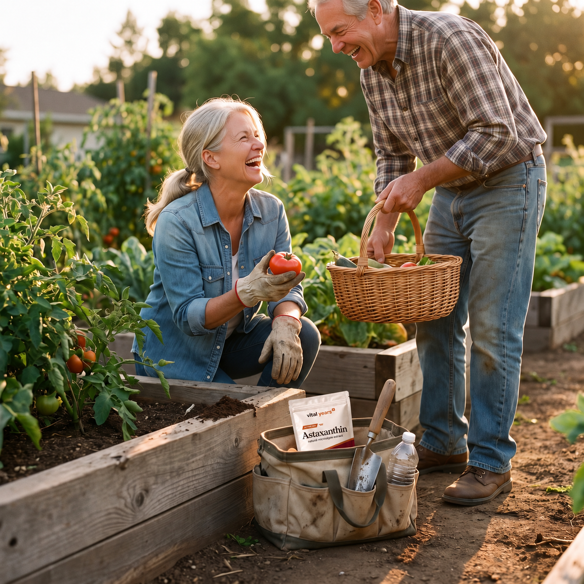 Couple laughing in their vegetable garden with a Vital Years+ Astaxanthin pouch