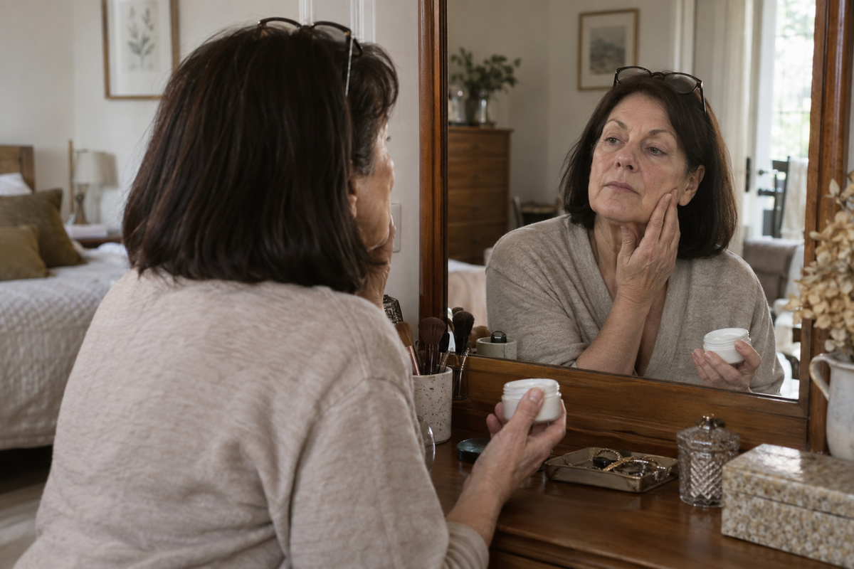 Woman considering her skincare routine at a dressing table