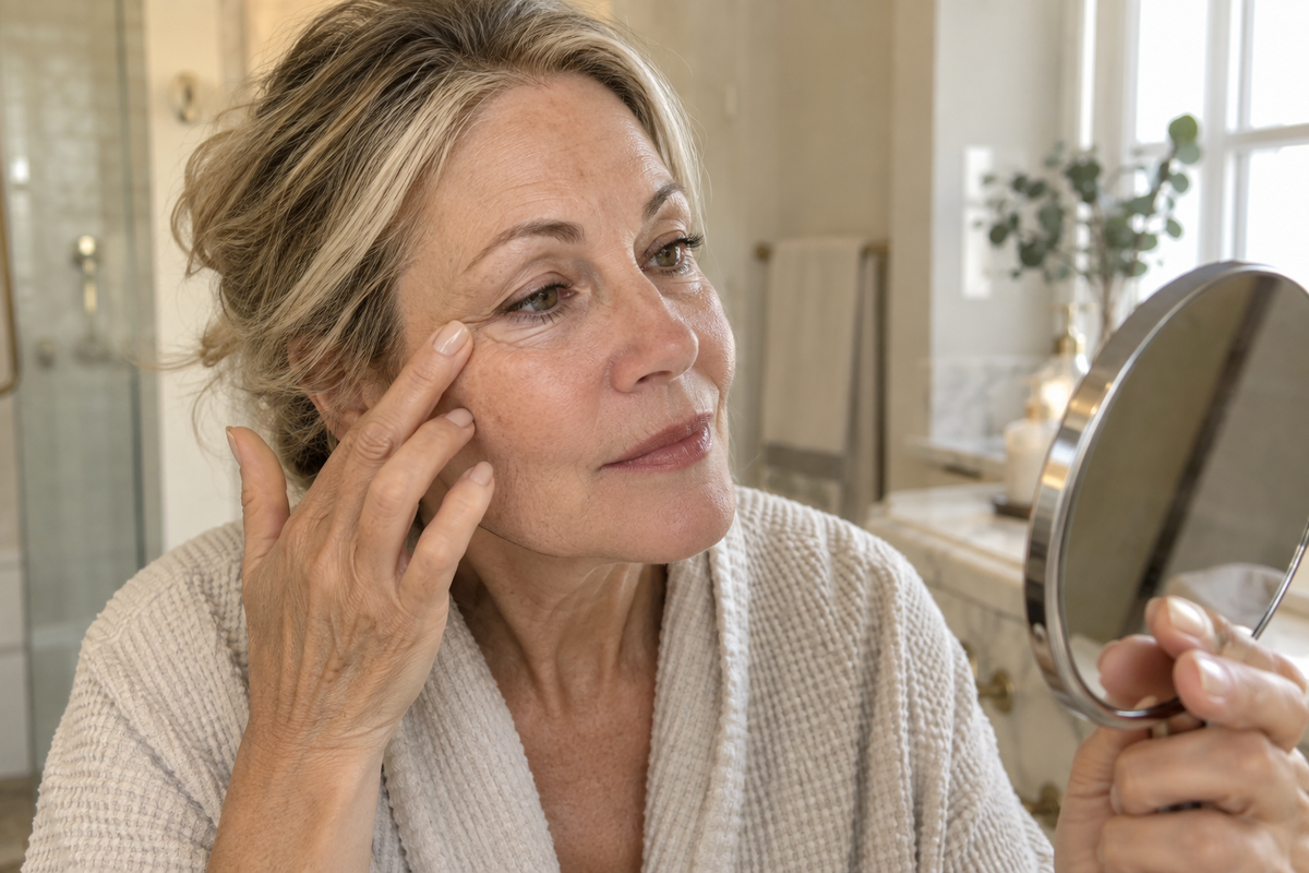 Woman looking at fine lines in her mirror