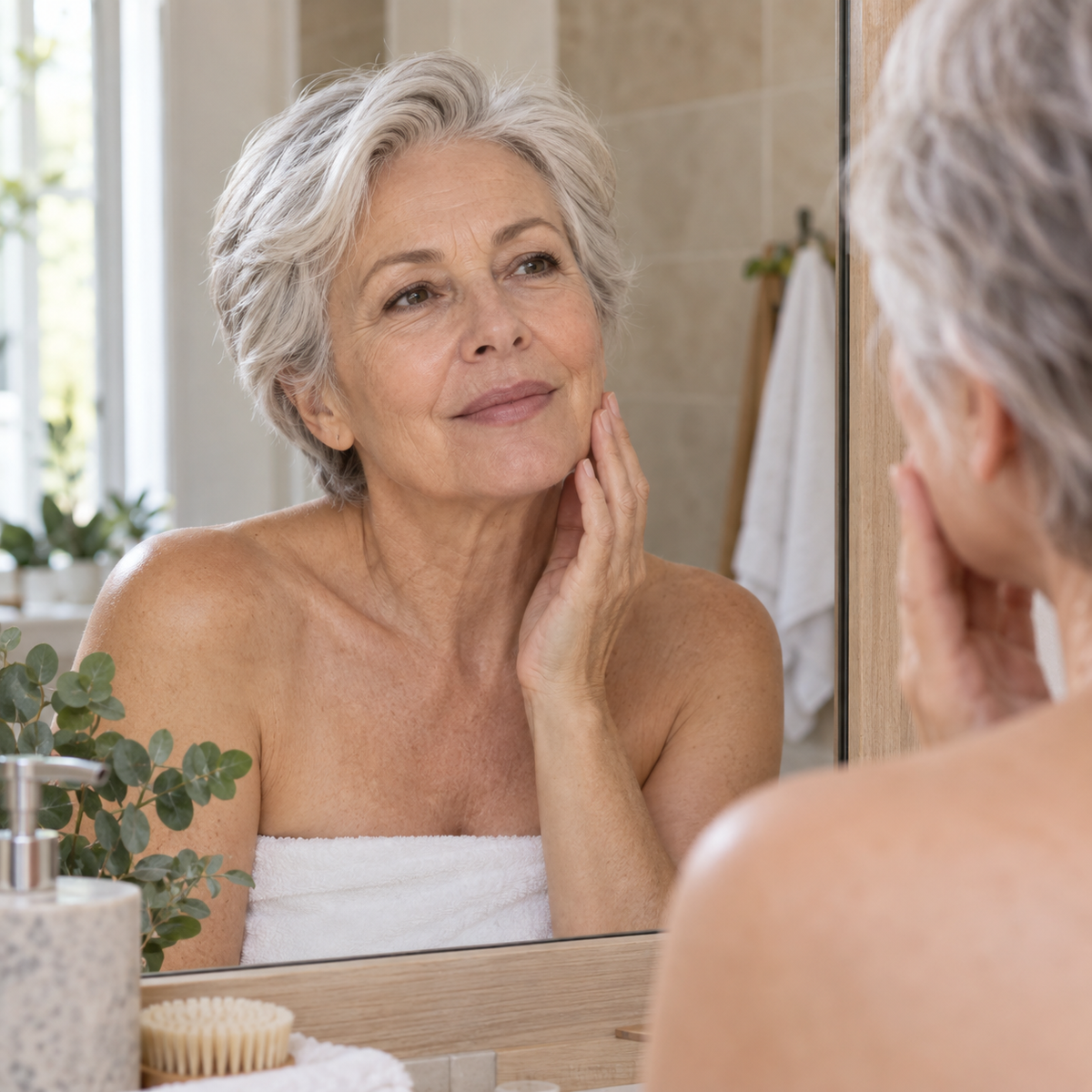 Woman gently touching her cheek at a bathroom mirror