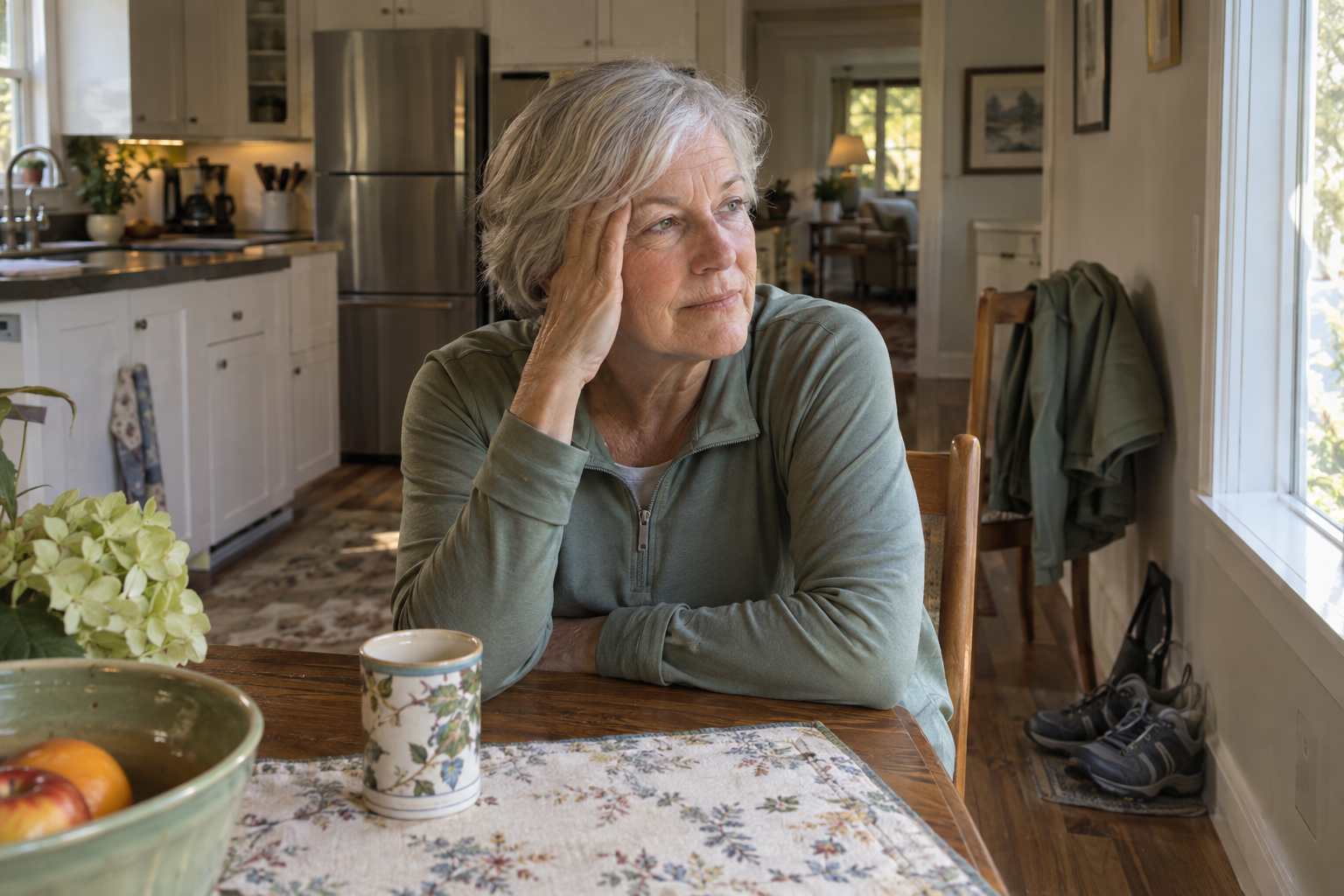 An older woman pausing at the kitchen table