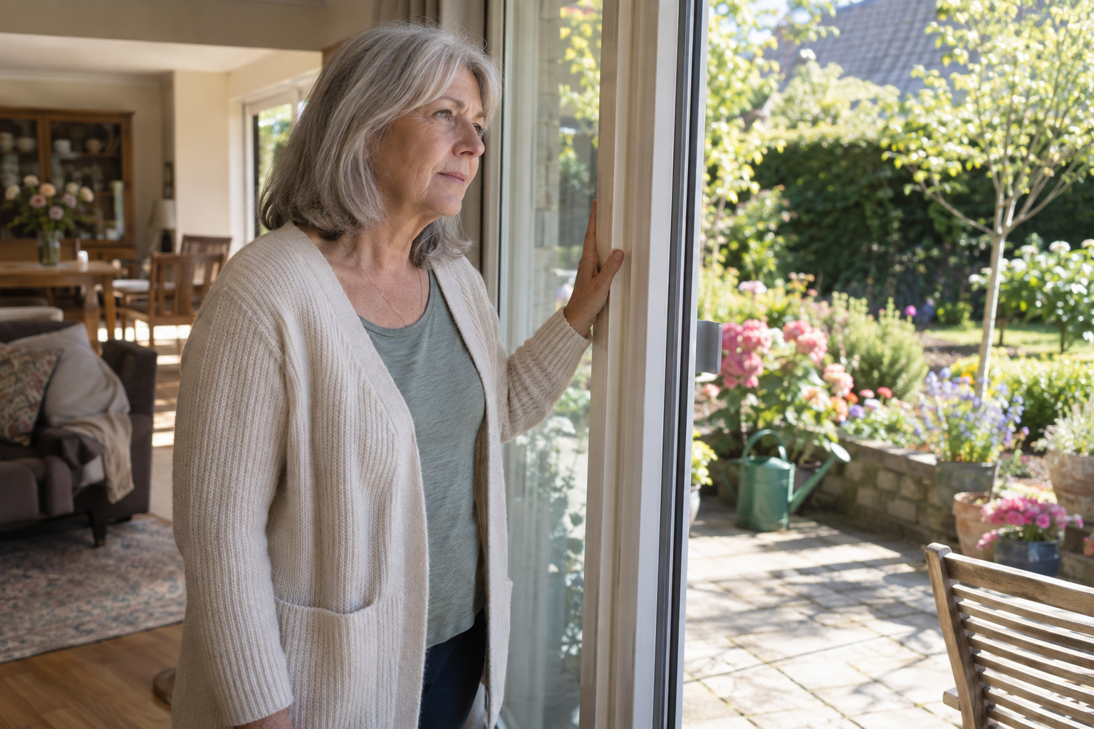 An older woman looking out towards her garden
