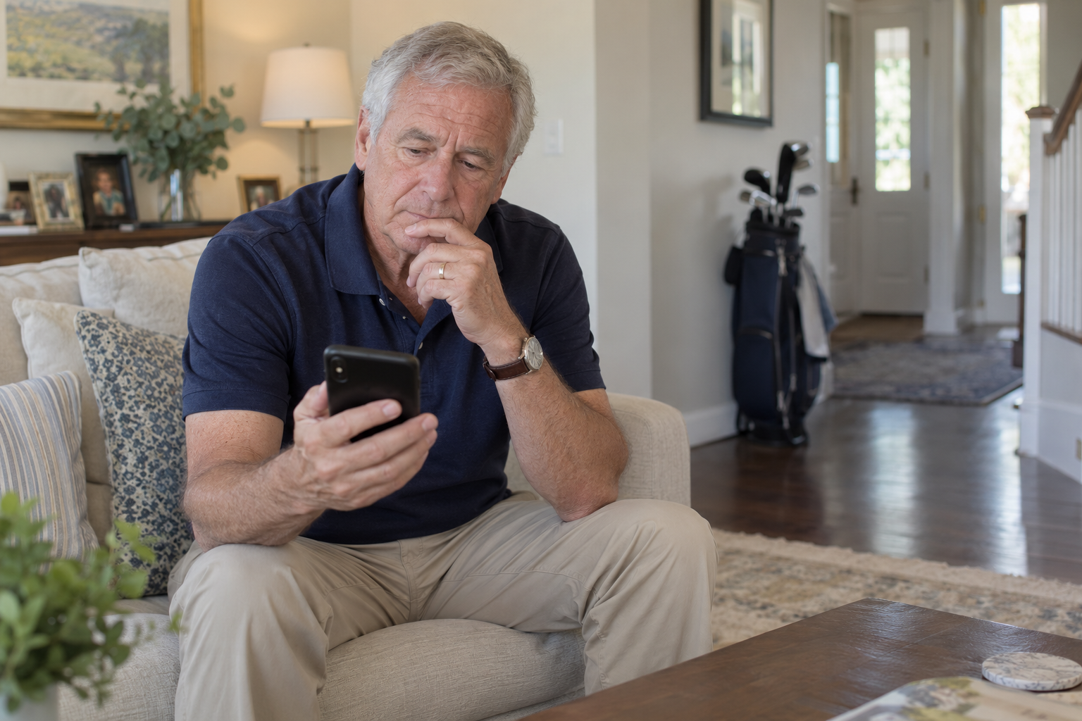 An older man considering an invitation on his phone