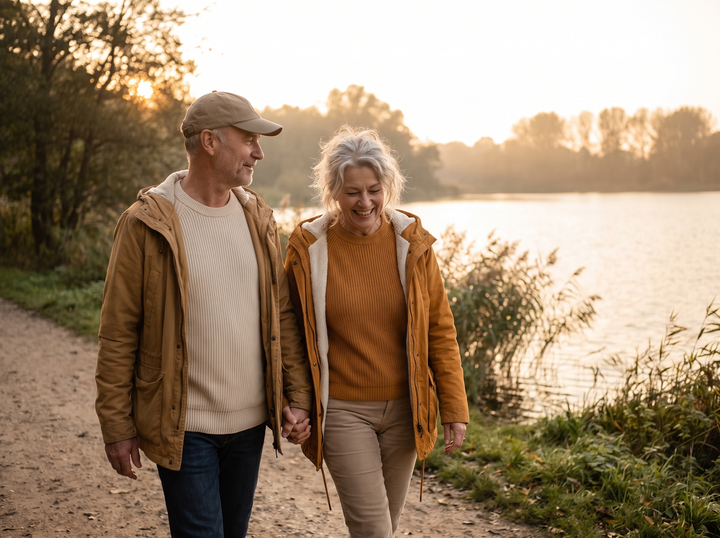 Relaxed couple in their sixties walking by a lake at golden hour