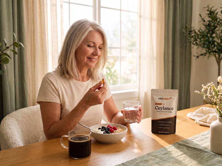 Woman taking one Ceylance softgel with breakfast