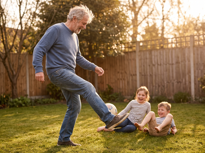 Grandfather playing soccer with his grandchildren in the backyard