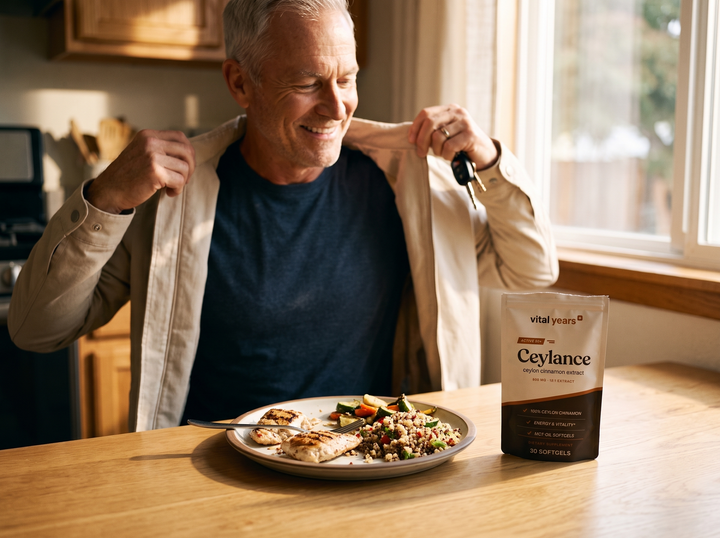 Man in his sixties heading out after a balanced lunch, Ceylance pouch on the table